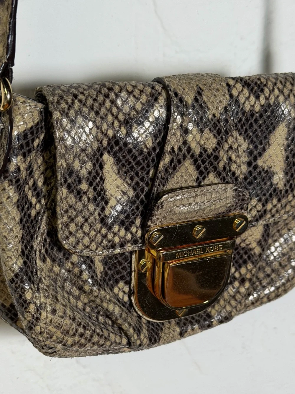 Michael Kors Snake-Print Crossbody in Beige and Brown with Gold Hardware Classy